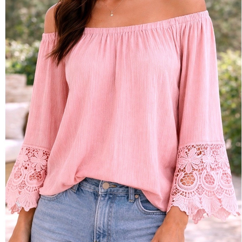 Love Tree Women Pink Off Shoulder Lace Cuff Blouse Large Gauze Boho Romantic Top